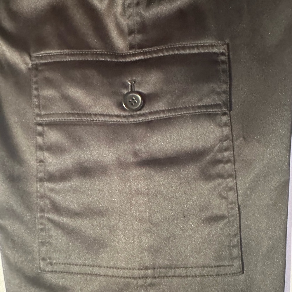 Apostrophe Black Shiny Satin Side Cargo Pocket Split Hem Stretch Pant - Picture 8 of 9